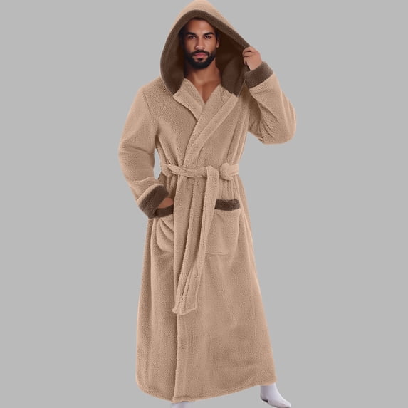 Men's Hooded Fleece Bathrobe Full Length Contrast Trim Robe with Pockets and Belt Cozy Winter Sleepwear Home Loungewear
