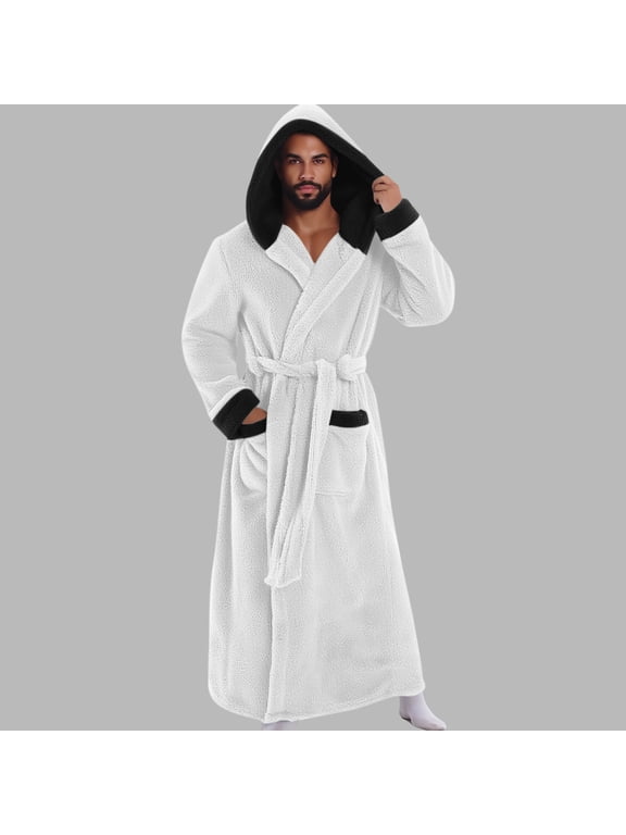 Men's Hooded Fleece Bathrobe Full Length Contrast Trim Robe with Pockets and Belt Cozy Winter Sleepwear Home Loungewear