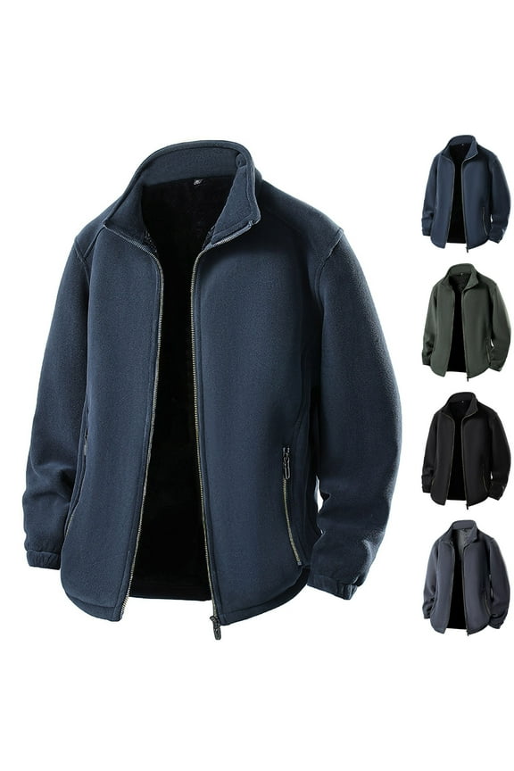 Men's Hooded Fleece Jacket Plus Size Windproof Solid Color Casual Loose Long Sleeve Windbreaker Full Zipper Thickened Velvet Coat Outerwear with Pocket Navy 7XL
