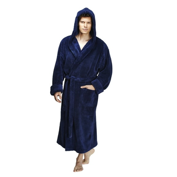 Men's Hooded Fleece Plush Robe Turkish Bathrobe, Navy Blue, L/XL