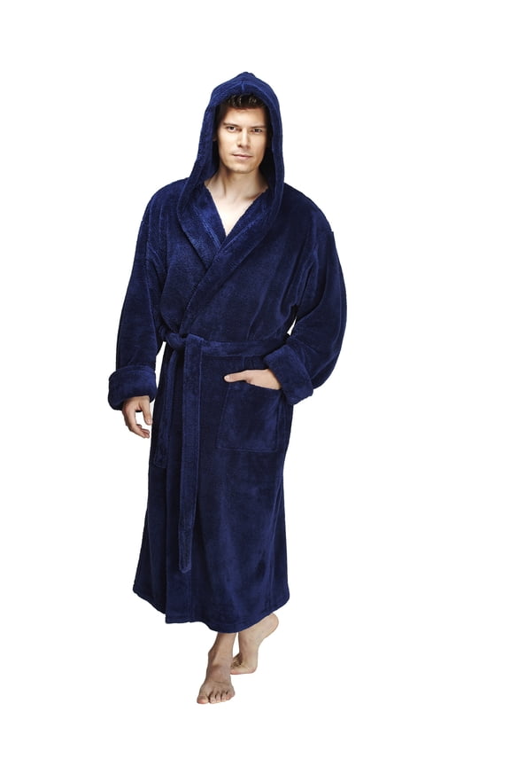 Men's Hooded Fleece Plush Robe Turkish Bathrobe, Navy Blue, XXL