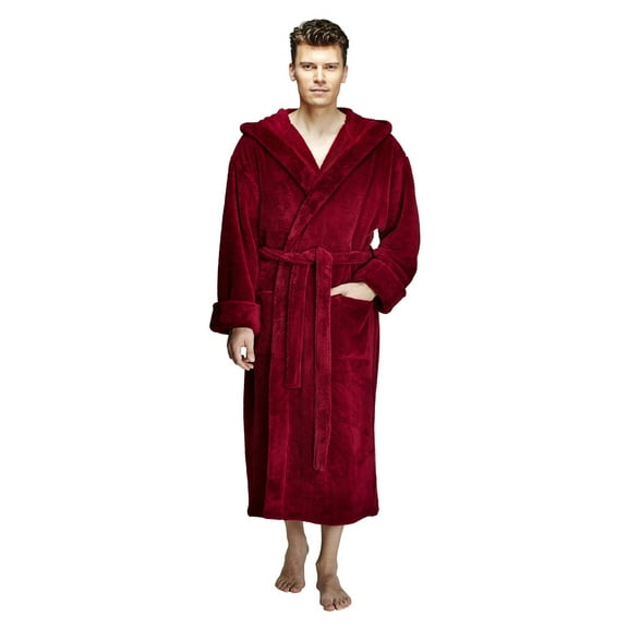 Men's Hooded Fleece Plush Robe Turkish Bathrobe, Wine, XXL