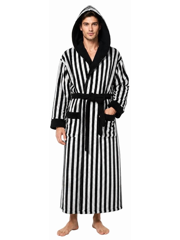 Robes for Men, PUTUO Mens Robe with Hood, Warm Soft Fluffy Long Bath | Color Block Striped Robe for Men with Pocket and Belt for Male Father Husband Festival Winter Gifts