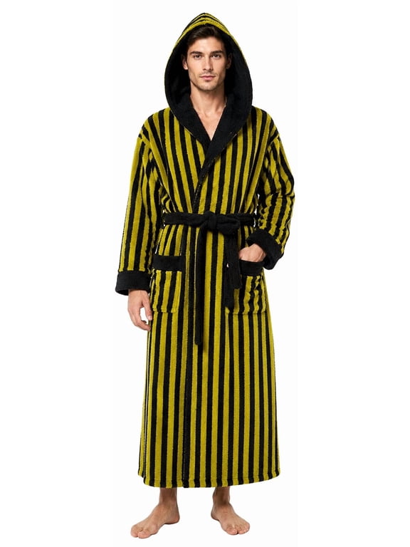Robes for Men, PUTUO Mens Robe with Hood, Warm Soft Fluffy Long Bath | Color Block Striped Robe for Men with Pocket and Belt for Male Father Husband Festival Winter Gifts