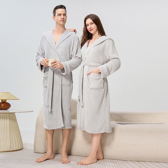 Men's Hooded Fleece Robes Unisex Winter Warm Spa Bathrobes with Pockets Soft Cozy Flannel Loungewear House Coat Gray L