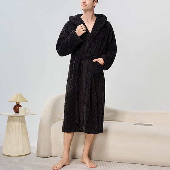 Men's Hooded Fleece Robes Unisex Winter Warm Spa Bathrobes with Pockets Soft Cozy Loungewear House Coat Black M