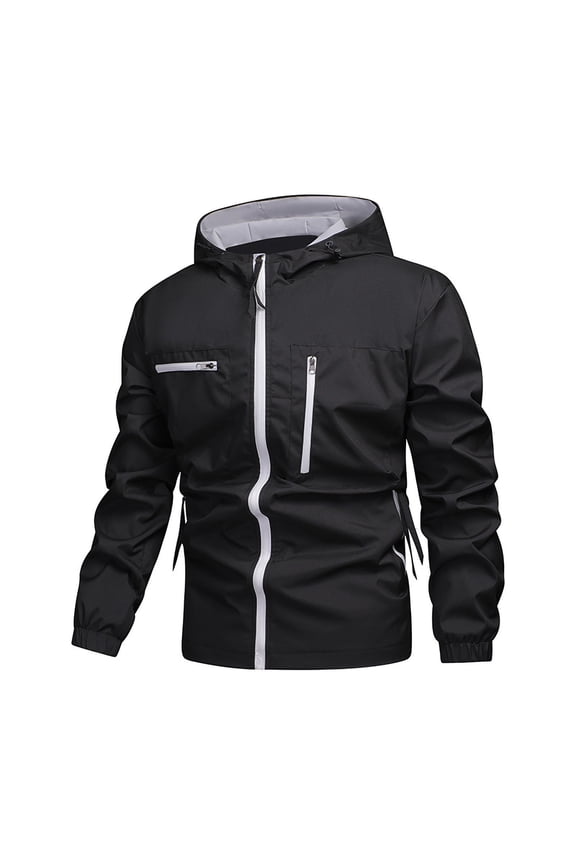 Men's Hooded Hiking Jacket Cuffed Long Sleeve Stand Collar Zip Up Cardigan Coat with Pockets for Outdoor Black S