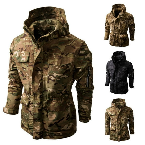 Men's Hooded Jacket - Camouflage Outdoor, Multiple Zip Pockets, Adjustable Cuffs for Autumn Winter Hiking, Tactical Use, and Festive Seasons,Yellow,S