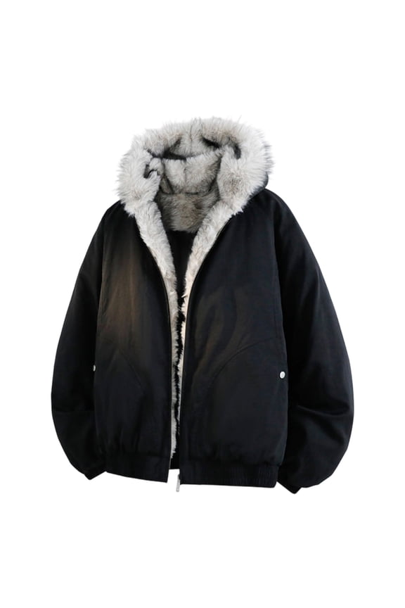 Men's Hooded Jacket Faux Fur Collar Long Sleeve Full Zip Casual Loose Winter Warm Fleece Lined Hood Coats with Pockets (L, Black)