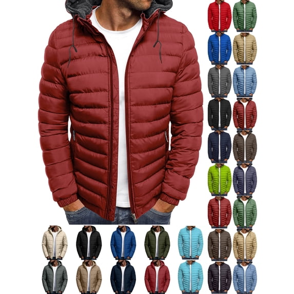 Men's Hooded Jacket Plus Size Windproof Solid Color Lightweight Long Sleeve Full Zipper Puffer Jacket Men's Warm Padded Jacket