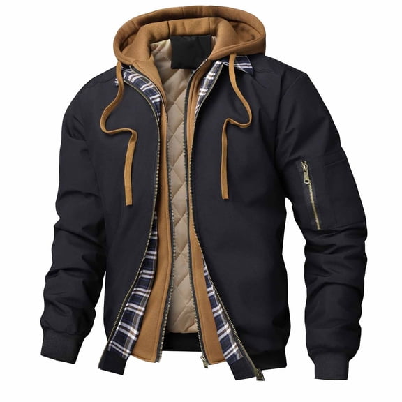 Men's Hooded Jackets Drawstring Full Zip Patchwork False Two Piece Casual Stylish Winter Outwear With Pockets (S, Black)