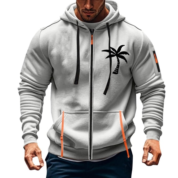 Men's Hooded Jackets Drawstring Long Sleeve Front Zipper Print Cardigan Casual Fitness Sports Outwear with Multi Pockets (XL, Gray-C)
