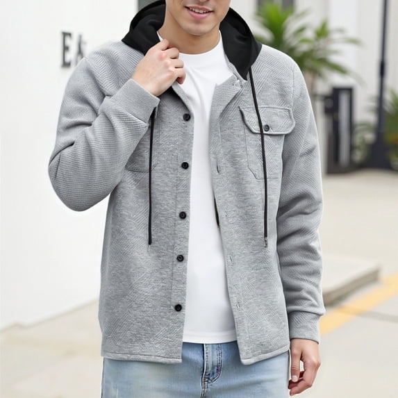 Men's Hooded Jackets Fashion Solid Color Long Sleeved Hooded Drawstring Pocket Button Jackets Gray S