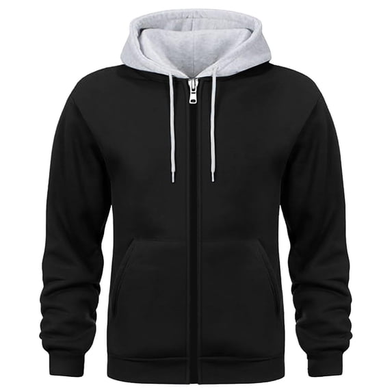 Men's Hooded Jackets Front Zipper Drawstring Solid Color Long Sleeve Outwear Casual Stylish Cardigan With Pockets (M, Black)