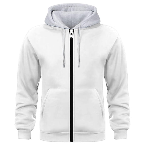 Men's Hooded Jackets Front Zipper Drawstring Solid Color Long Sleeve Outwear Casual Stylish Cardigan With Pockets (XL, White)