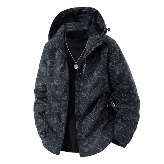 Men's Hooded Jackets Long Sleeve Stand Collar Zip Up Print Coat Waterproof Windproof Casual Outwear with Zipper Pockets (5XL, Black)