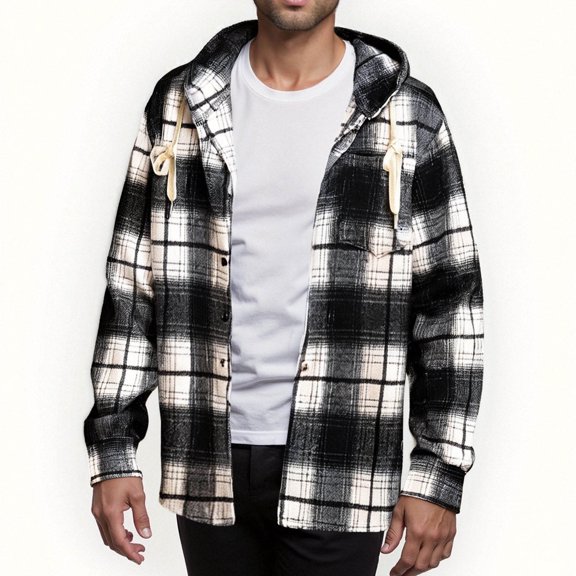 Men's Hooded Jackets Plaid Drawstring Button Down Shirt Outwear Casual Loose Stylish Cardigan With Pockets (XXL, Black)