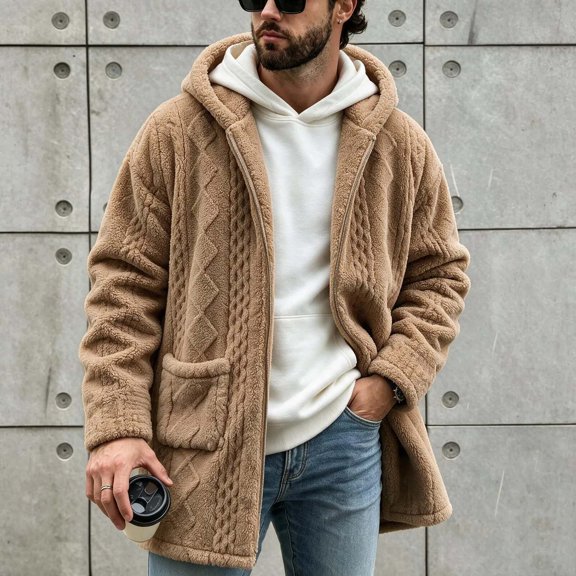 Men's Hooded Knitted Cardigan Long Sleeve Mid Length Warm Sweater Coat for Daily Wear