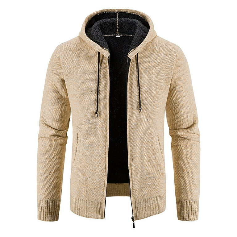 Men's Hooded Knitted Coats Fall Winter Thick Warm Fleece Sherpa Lined Full  Zip Slim Fit Jackets Casual Long Sleeves Outwear with Pockets
