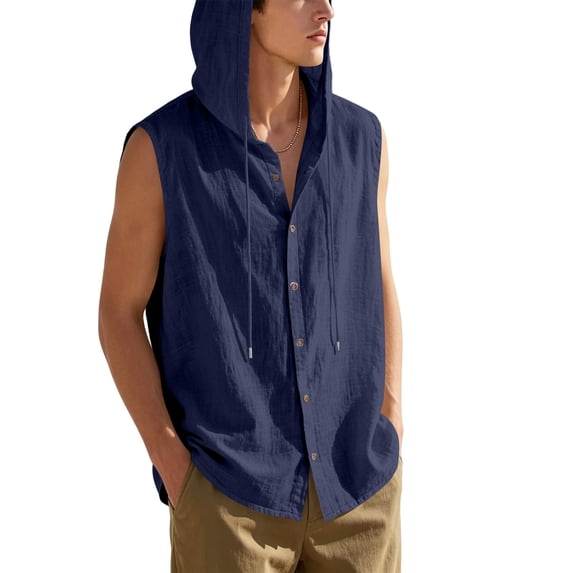 Men's Hooded Linen Blend Vest Shirt Sleeveless Loose Casual Button Down Hoodie With Drawstring Solid Color Tops Lightweight Breathable Summer Beach Fishing Outdoor Tank Top Blouse