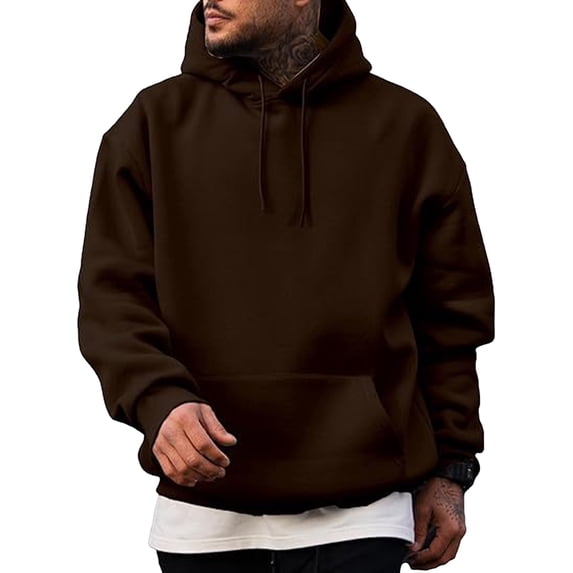 Men's Hooded Long Sleeve Solid Sweatshirt Oversized Casual Pullover Comfortable Basic Top with Kangaroo Pocket for Fall Winter Everyday Wear and Weekend Outings Coffee M