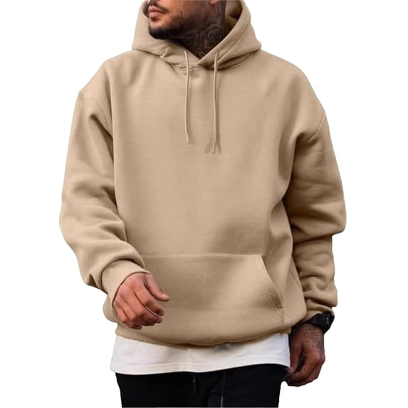 Men's Hooded Long Sleeve Solid Sweatshirt Oversized Casual Pullover Comfortable Basic Top with Kangaroo Pocket for Fall Winter Everyday Wear and Weekend Outings Khaki 3XL