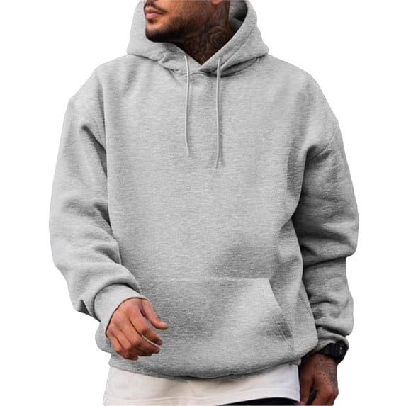 Men's Hooded Long Sleeve Solid Sweatshirt Oversized Casual Pullover Comfortable Basic Top with Kangaroo Pocket for Fall Winter Everyday Wear and Weekend Outings Light Gray S