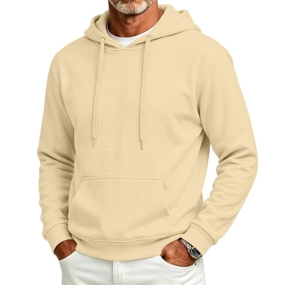 Men's Hooded Long Sleeve Solid Sweatshirt Warm Casual Pullover Comfortable Basic Top with Kangaroo Pocket for Fall Winter Everyday Wear and Weekend Outings Khaki XL