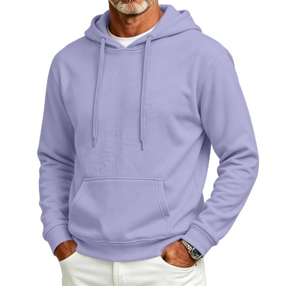 Men's Hooded Long Sleeve Solid Sweatshirt Warm Casual Pullover Comfortable Basic Top with Kangaroo Pocket for Fall Winter Everyday Wear and Weekend Outings Light Purple 2XL