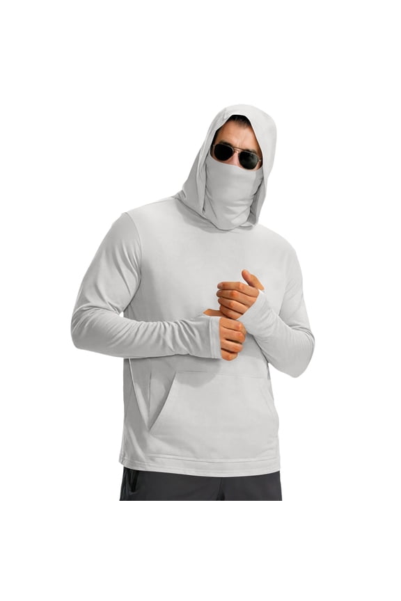 Men's Hooded Long Sleeve Sun Shirt with Kangaroo Pocket Full Face Cover UPF 50+ Quick Dry for Fishing Hiking Outdoor Casual Sun Protection Hoodies,White,L