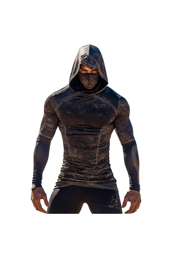 Men's Hooded Mask Compression Top Distressed Texture Print Fitted Lightweight Breathable Shirts UV Protection Long Sleeve Top