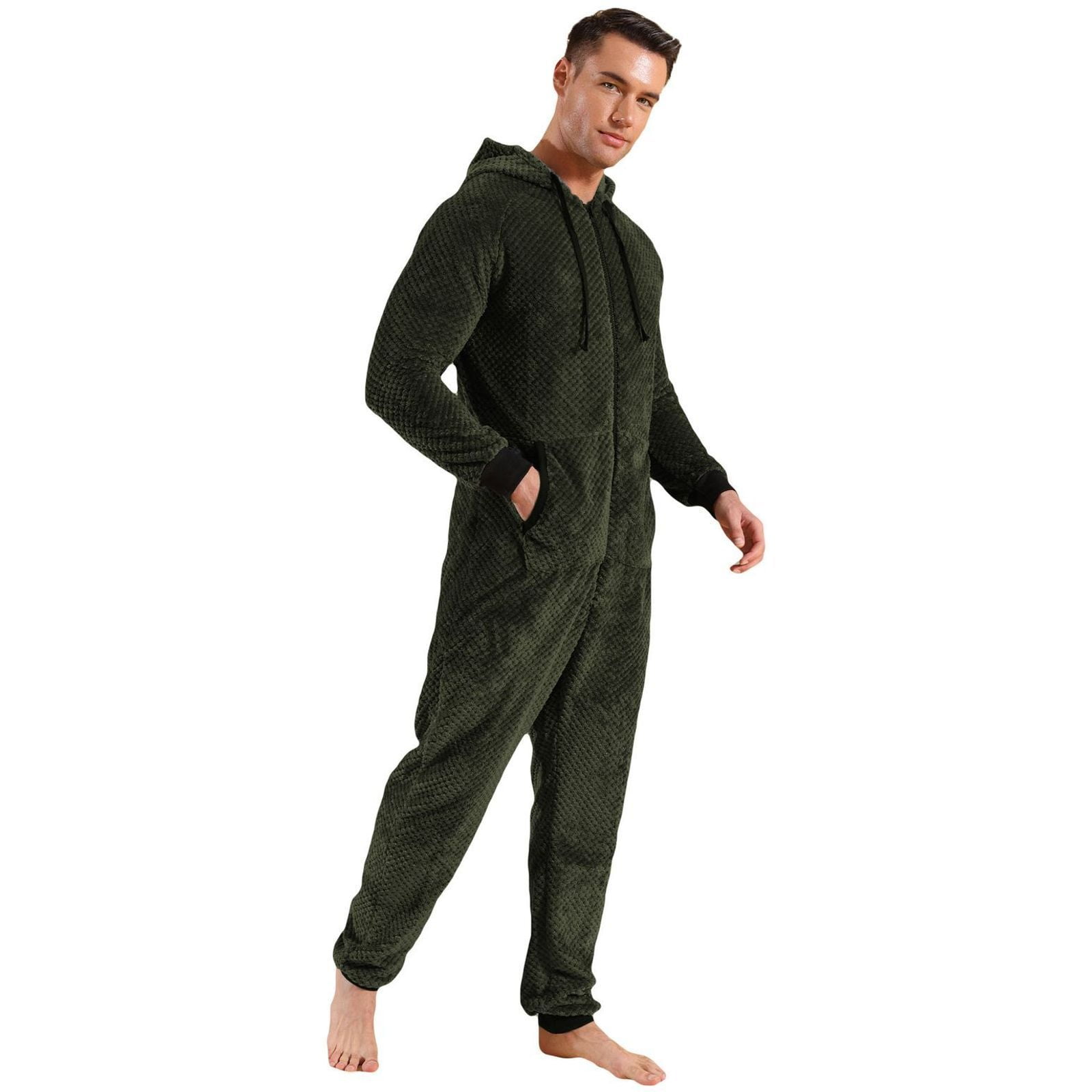 Men s Hooded Onesie Pajamas Adult One Piece Pjs Zip Up Jumpsuit Warm Full Zipper Long Sleeve Long Pants Thick Thermal Lounge Fuzzy Fleece Fall Winter Sleepwear Green X Large Walmart