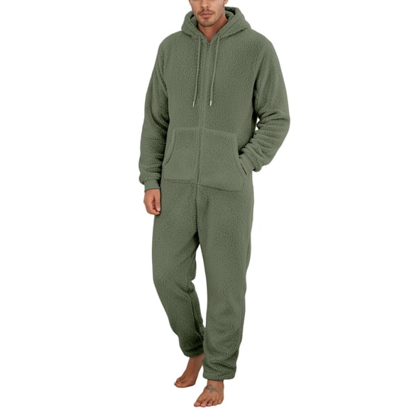 Men's Hooded Onesie Pajamas Lightweight Fuzzy Fleece Zip Up Jumpsuit Long Sleeve One Piece Pjs Romper Warm Loungewear with Pocket