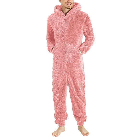 Men's Hooded Onesie Pajamas Lightweight Fuzzy Fleece Zip Up Jumpsuit Long Sleeve Plus Size One Piece Pajamas with Pocket