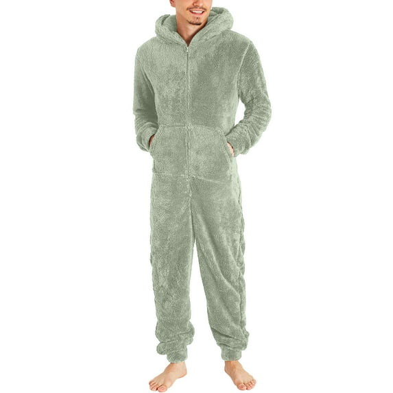 Men's Hooded Onesie Pajamas Lightweight Fuzzy Fleece Zip Up Jumpsuit Long Sleeve Plus Size One Piece Pajamas with Pocket