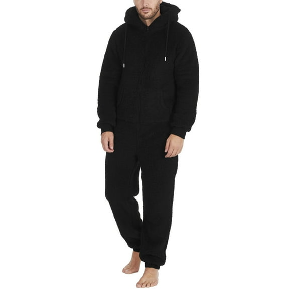 Men's Hooded Onesie Pajamas Lightweight Fuzzy Fleece Zip Up Jumpsuit Long Sleeve Plus Size One Piece Pjs with Pocket