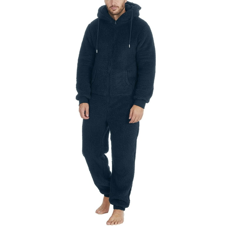 Men s Hooded Onesie Pajamas Lightweight Fuzzy Fleece Zip Up Jumpsuit Long Sleeve Plus Size One Piece Pjs with Pocket Walmart