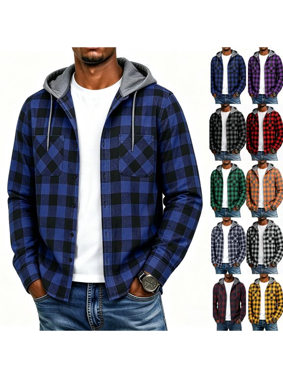Men's Hooded Plaid Flannel Shirt Jacket Long Sleeve Button Down Buffalo Check Casual Fall Layering Blue L