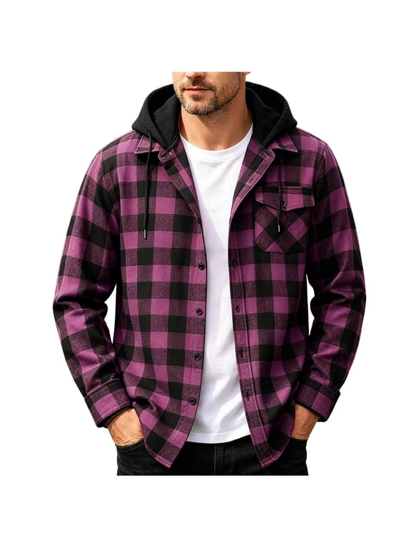 Men's Hooded Plaid Flannel Shirt Jacket Long Sleeve Button Down Buffalo Check Casual Fall Layering Shacket Hot Pink S