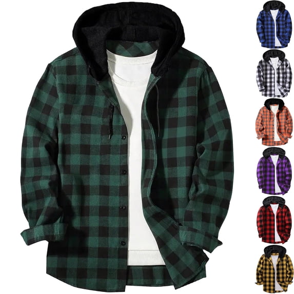 Men's Hooded Plaid Shacket Flannel Button Down Shirt Jacket Casual Buffalo Checkered Long Sleeve Hoodie for Fall Winter Outdoor Wear Husband Gift, Army Green, XXXL