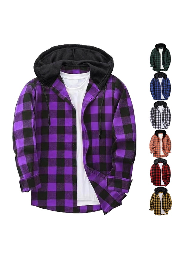Men's Hooded Plaid Shacket Flannel Button Down Shirt Jacket Casual Buffalo Checkered Long Sleeve Hoodie for Fall Winter Outdoor Wear Husband Gift, Purple, XXXL