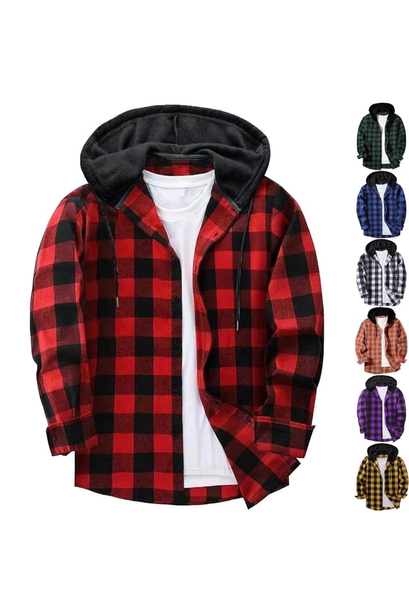 Men's Hooded Plaid Shacket Flannel Button Down Shirt Jacket Casual Buffalo Checkered Long Sleeve Hoodie for Fall Winter Outdoor Wear Husband Gift, Red, XL