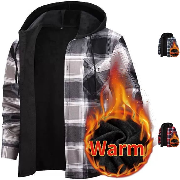 Men's Hooded Plaid Shacket Fleece Lined Shirt Jacket Warm Heavyweight Flannel Coat with Chest Pockets for Fall Winter Outdoor Casual Wear, Gray, S