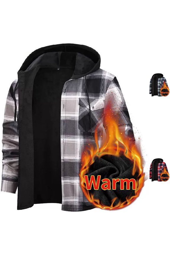 Men's Hooded Plaid Shacket Fleece Lined Shirt Jacket Warm Heavyweight Flannel Coat with Chest Pockets for Fall Winter Outdoor Casual Wear, Gray, XXL