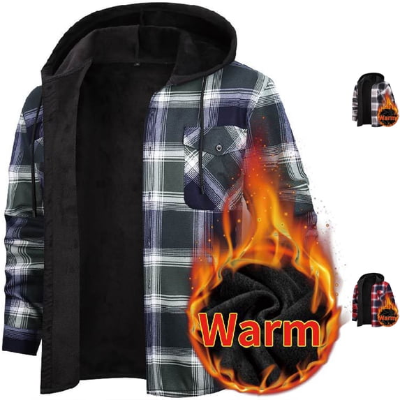 Men's Hooded Plaid Shacket Fleece Lined Shirt Jacket Warm Heavyweight Flannel Coat with Chest Pockets for Fall Winter Outdoor Casual Wear, Green, XL