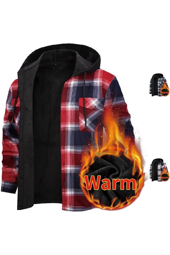 Men's Hooded Plaid Shacket Fleece Lined Shirt Jacket Warm Heavyweight Flannel Coat with Chest Pockets for Fall Winter Outdoor Casual Wear, Red, S