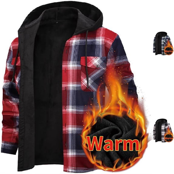 Men's Hooded Plaid Shacket Fleece Lined Shirt Jacket Warm Heavyweight Flannel Coat with Chest Pockets for Fall Winter Outdoor Casual Wear, Red, XL