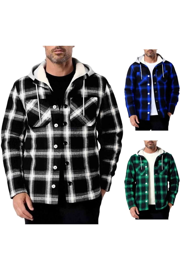 Men's Hooded Plaid Shacket Sherpa Fleece Lined Shirt Jacket Warm Thermal Flannel Button Down Outerwear for Cold Weather Outdoor Travel Hiking, Black, XXL