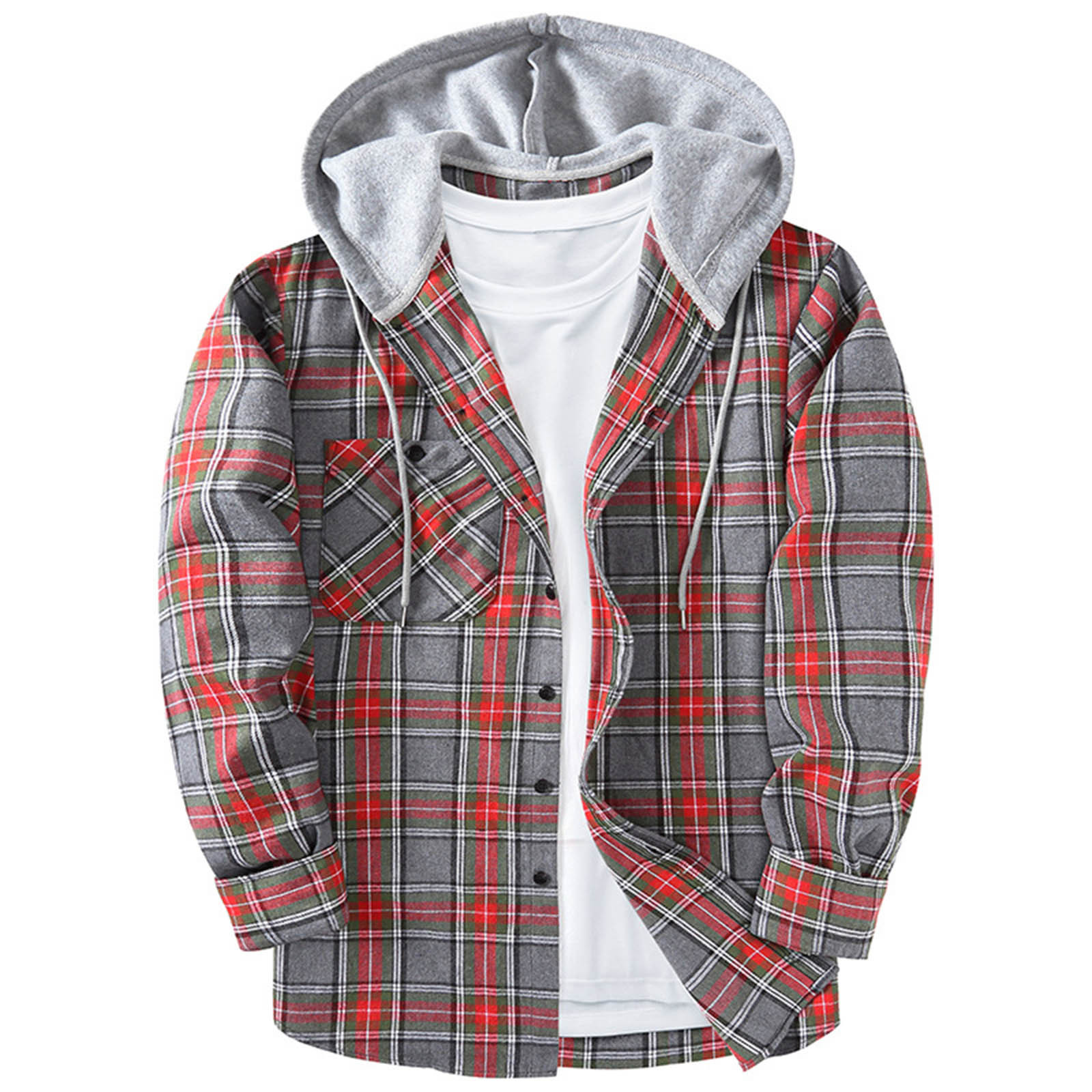 Men's Hooded Plaid Shirt,Men's Casual Plaid Flannel Jacket with Hoodie