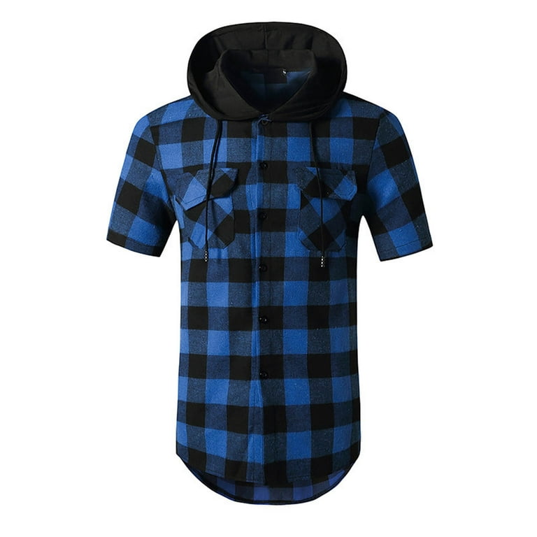 Men's Hooded Plaid Shirts Jacket Muscle Cut Off Snap Shirts Spring Vintage  Short Sleeve Button Down Tops Cowboy Slim Fit Plaid Blouse Shirts Hoodies